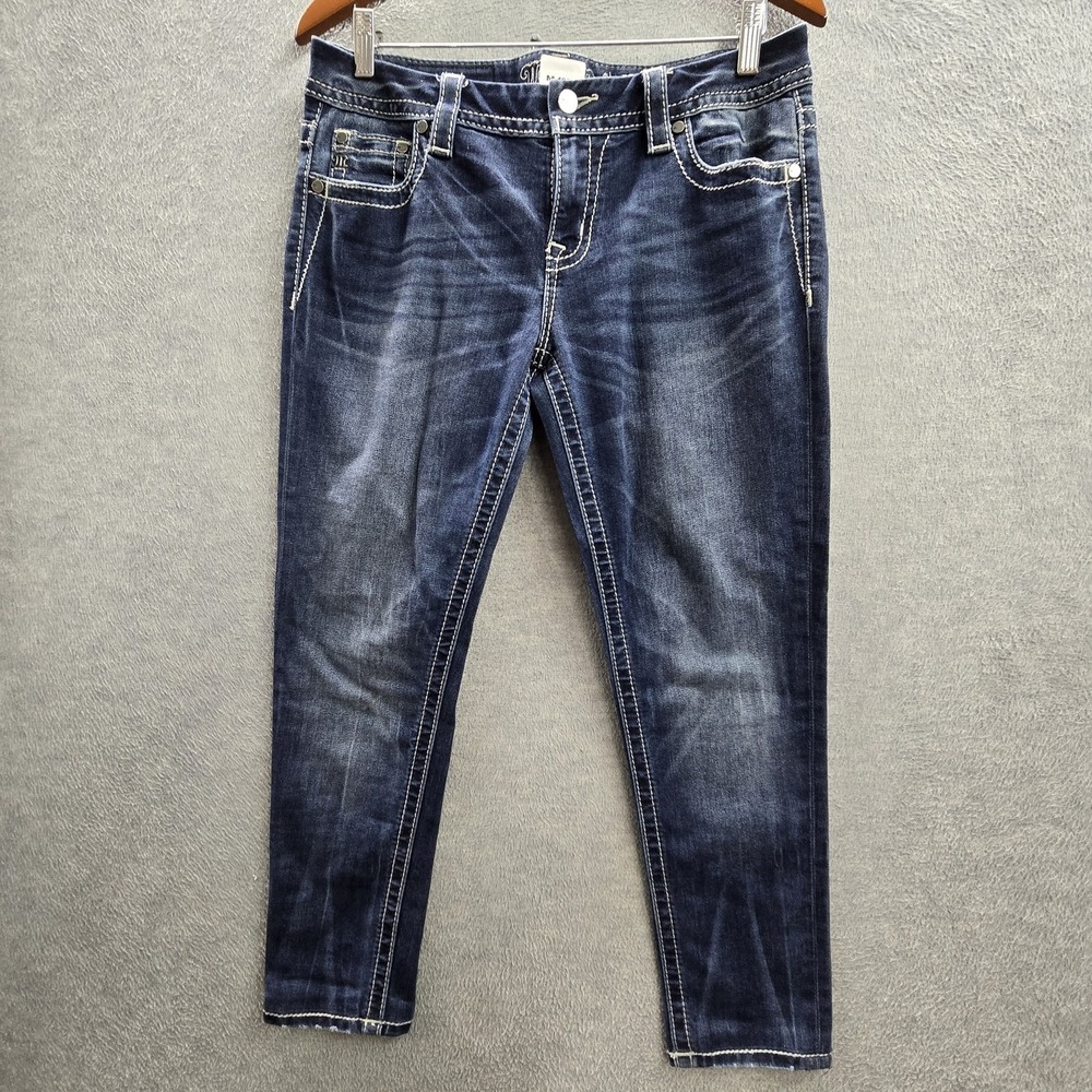 Miss Me Women Jeans 28 Blue Denim Embroidered B7045SJR Easy Skinny Slim‎ Hemmed